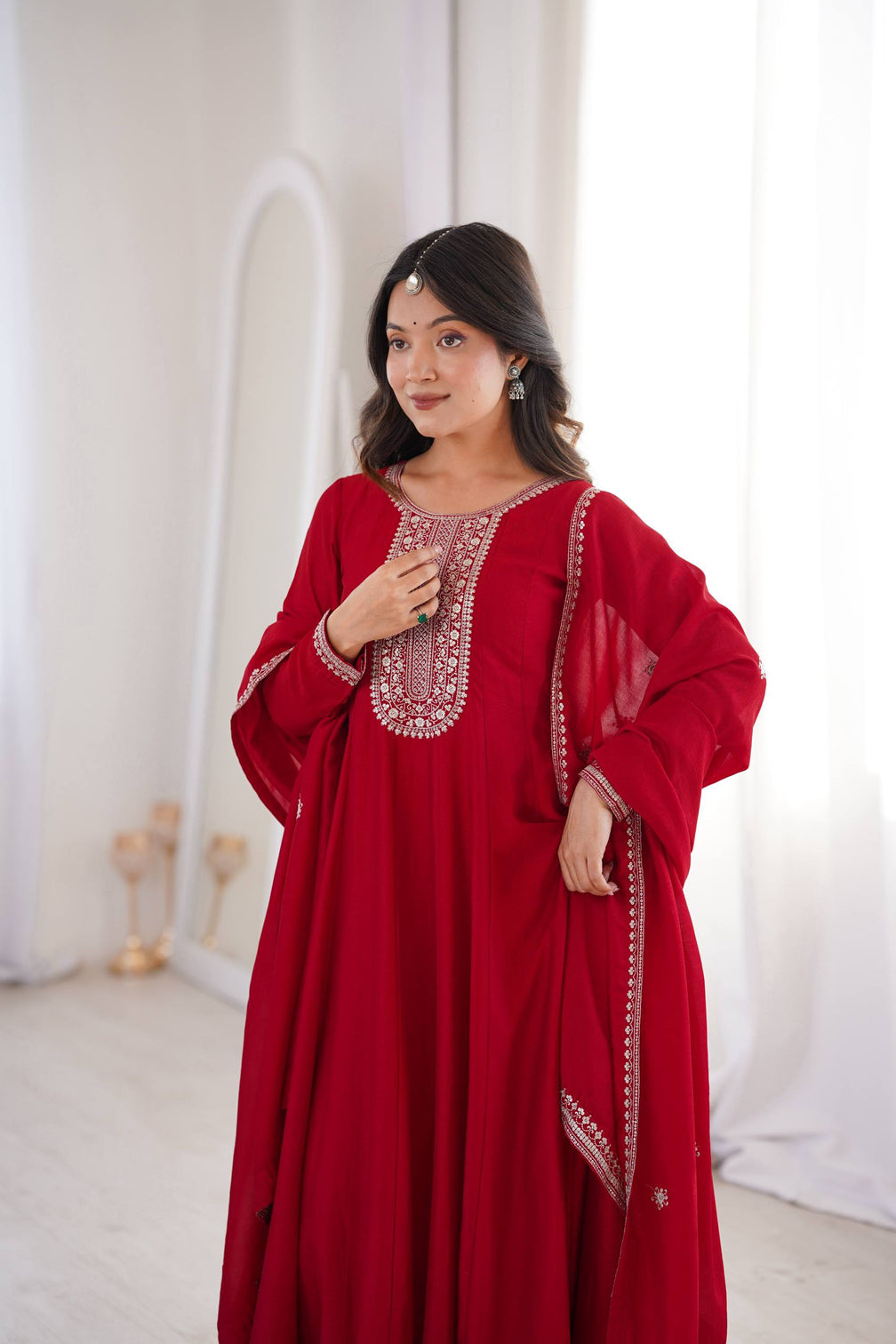 Red Vichitra Silk Kali Anarkali Gown