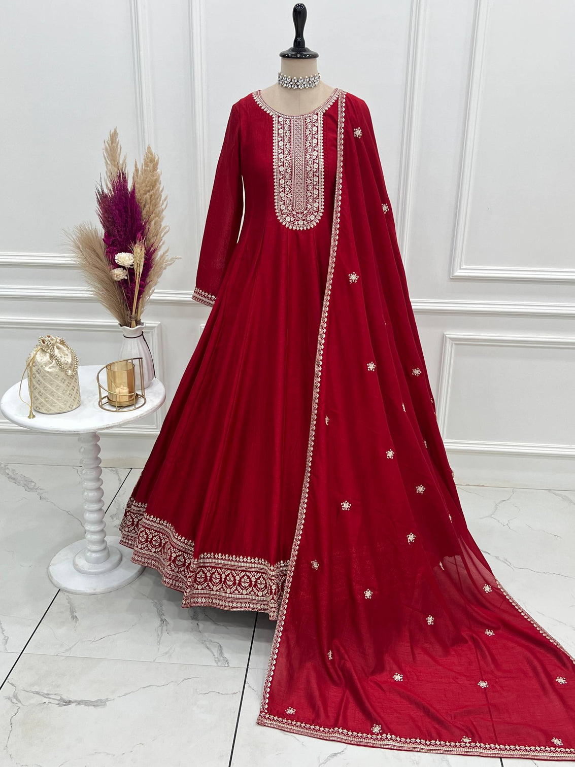Red Vichitra Silk Kali Anarkali Gown