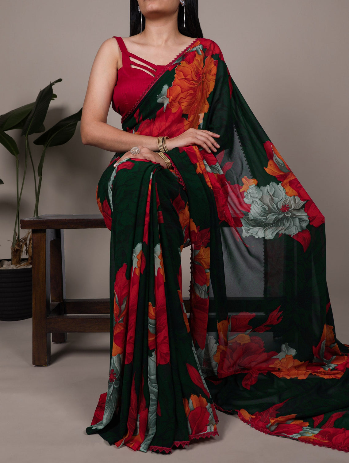 Red Weightless Marbal Floral Printed Saree with Lace Border & Unstitched Banglory Plain Blouse