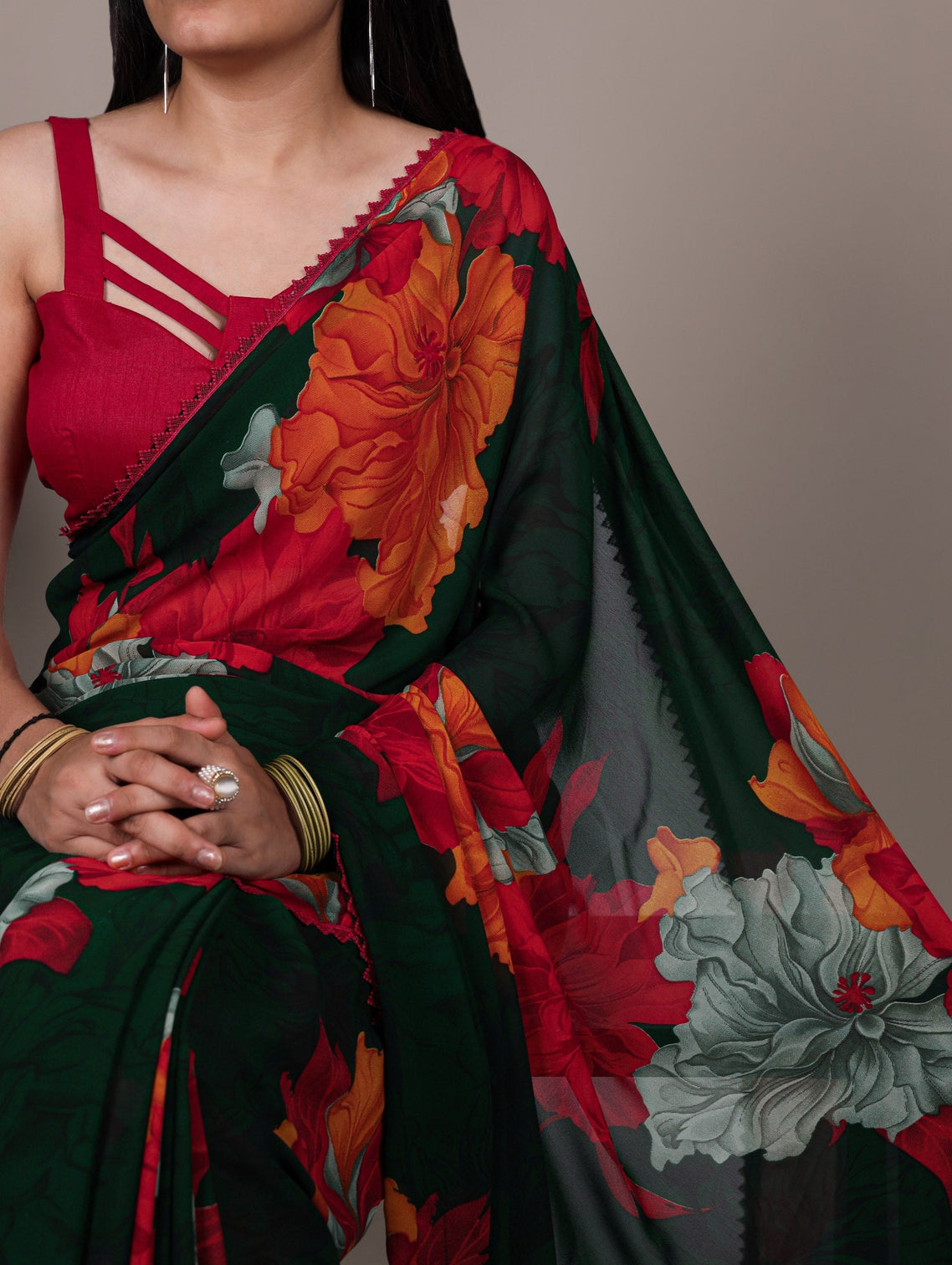 Red Weightless Marbal Floral Printed Saree with Lace Border & Unstitched Banglory Plain Blouse