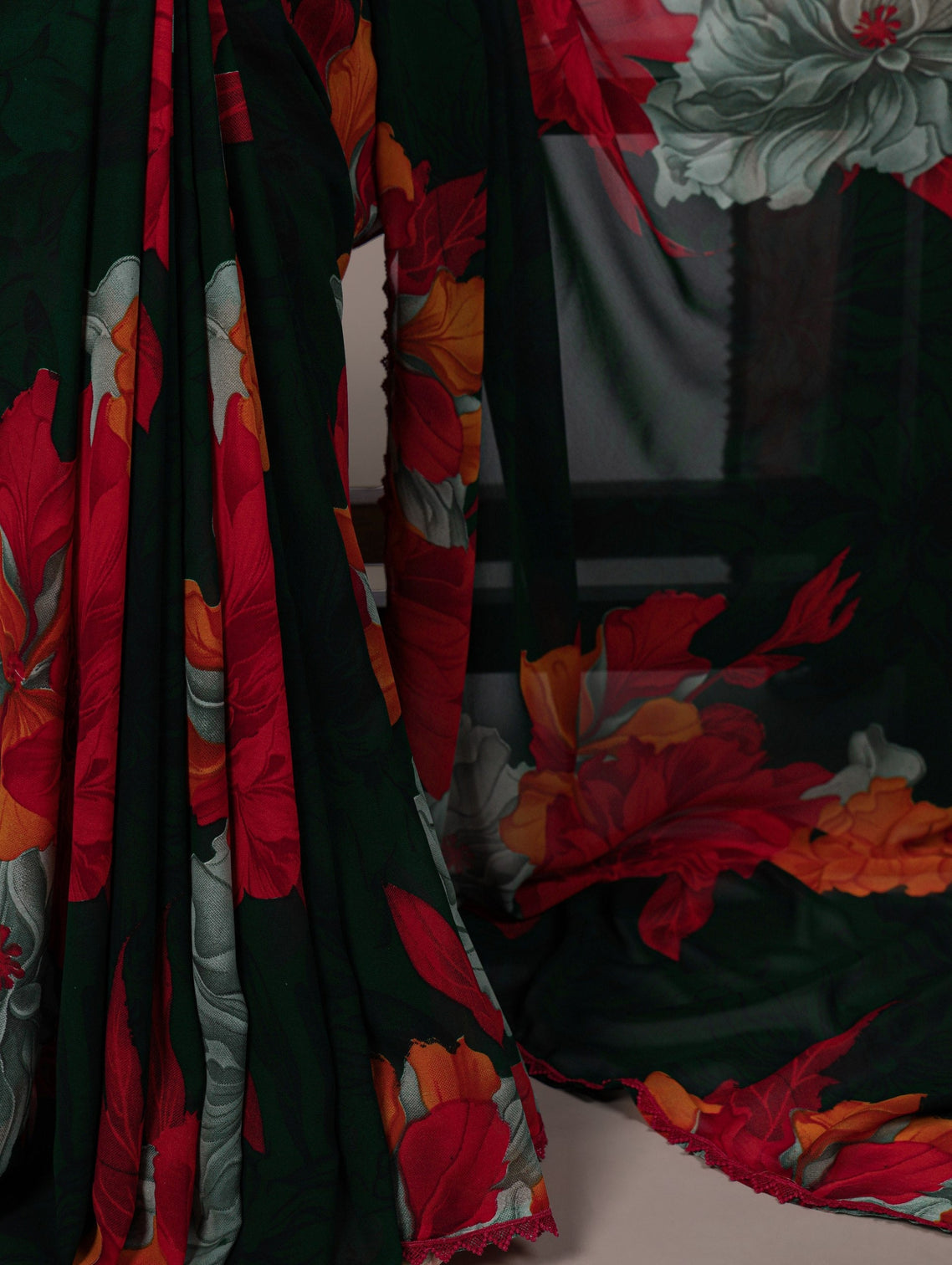 Red Weightless Marbal Floral Printed Saree with Lace Border & Unstitched Banglory Plain Blouse