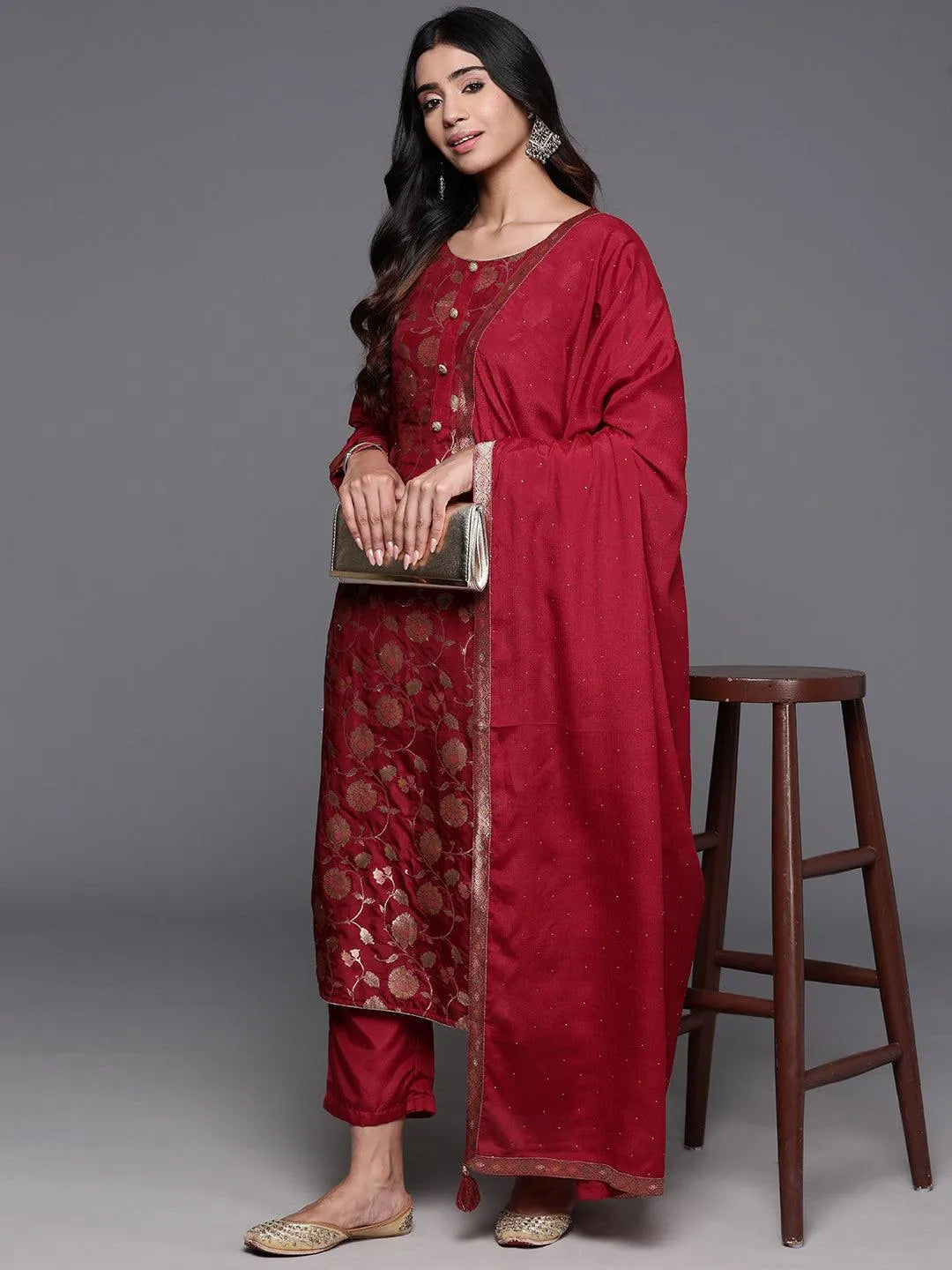 Mameraa Red Woven Design Silk Blend Straight Suit With Dupatta