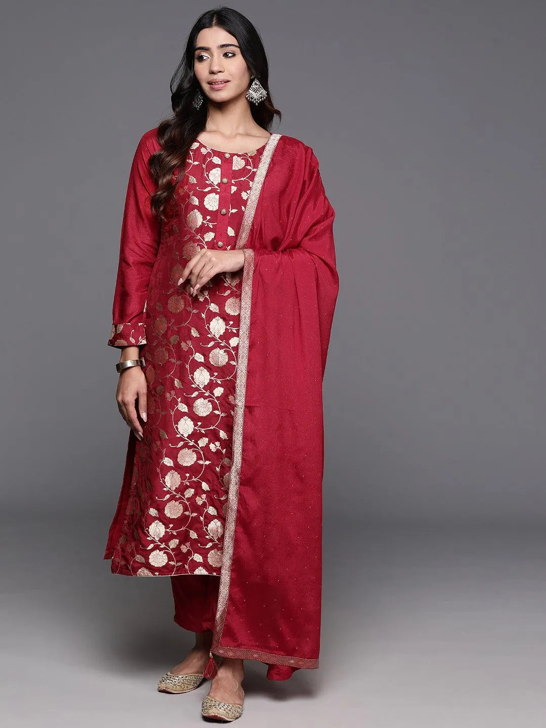 Mameraa Red Woven Design Silk Blend Straight Suit With Dupatta