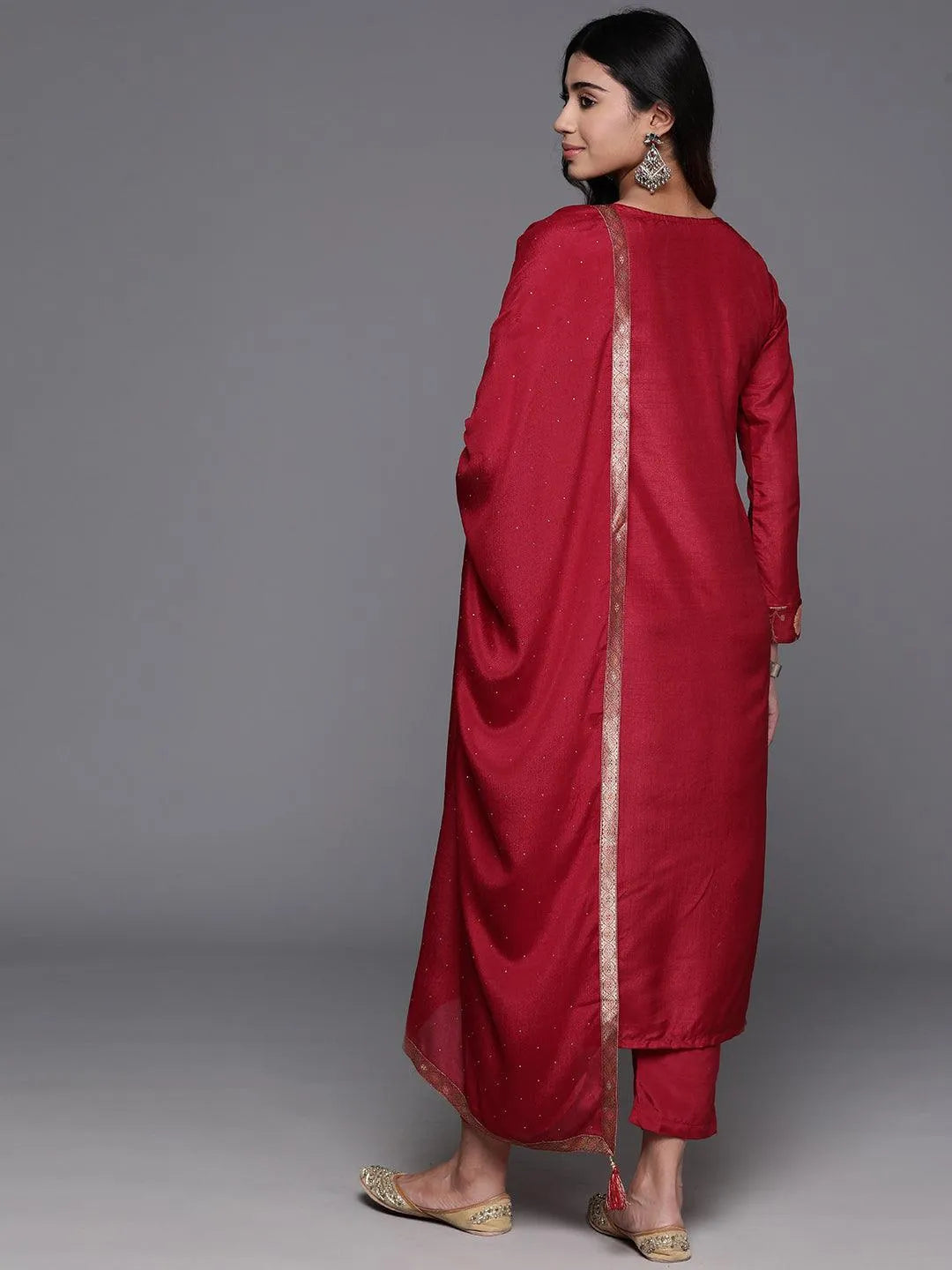 Mameraa Red Woven Design Silk Blend Straight Suit With Dupatta