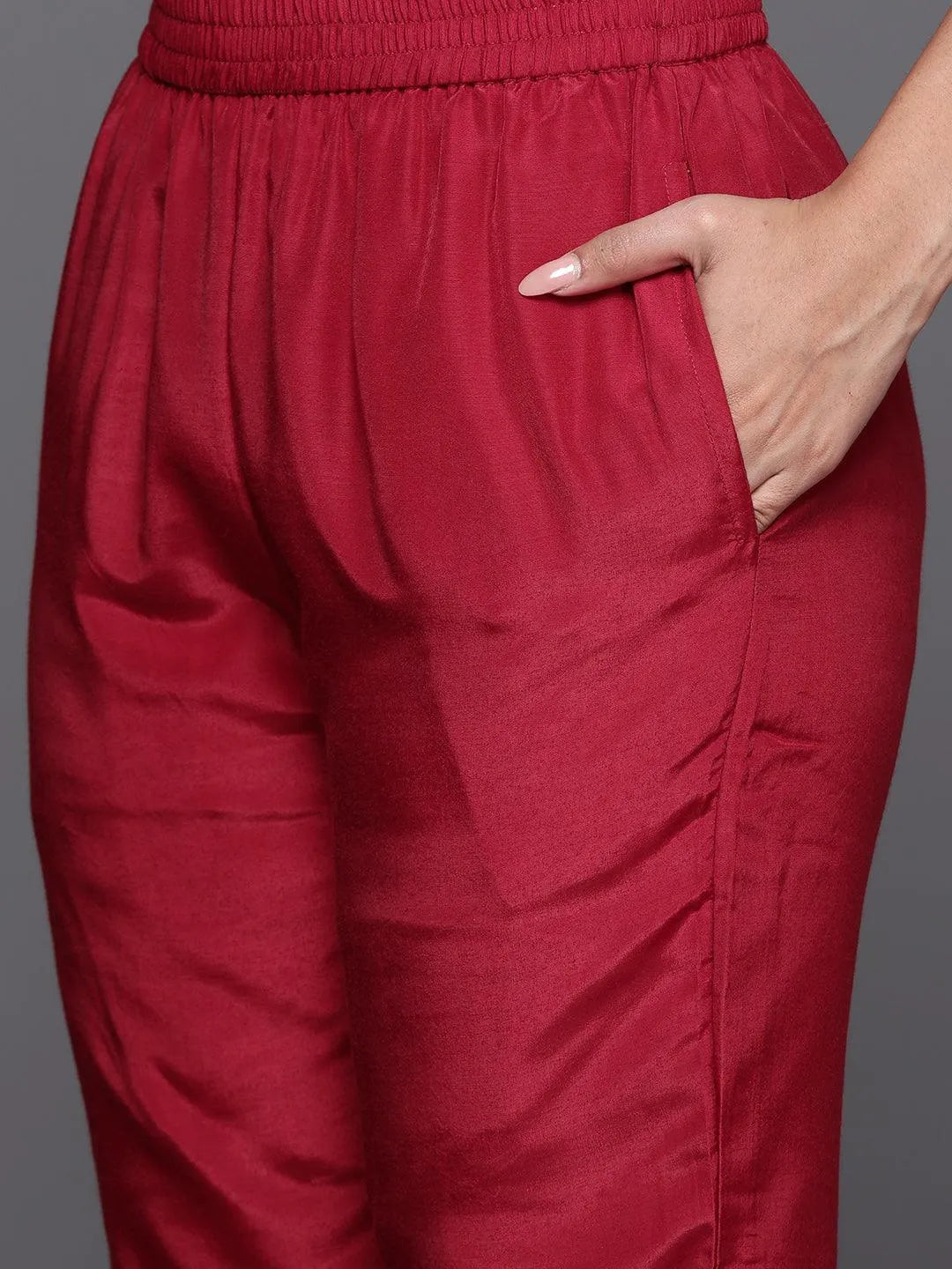 Mameraa Red Woven Design Silk Blend Straight Suit With Dupatta