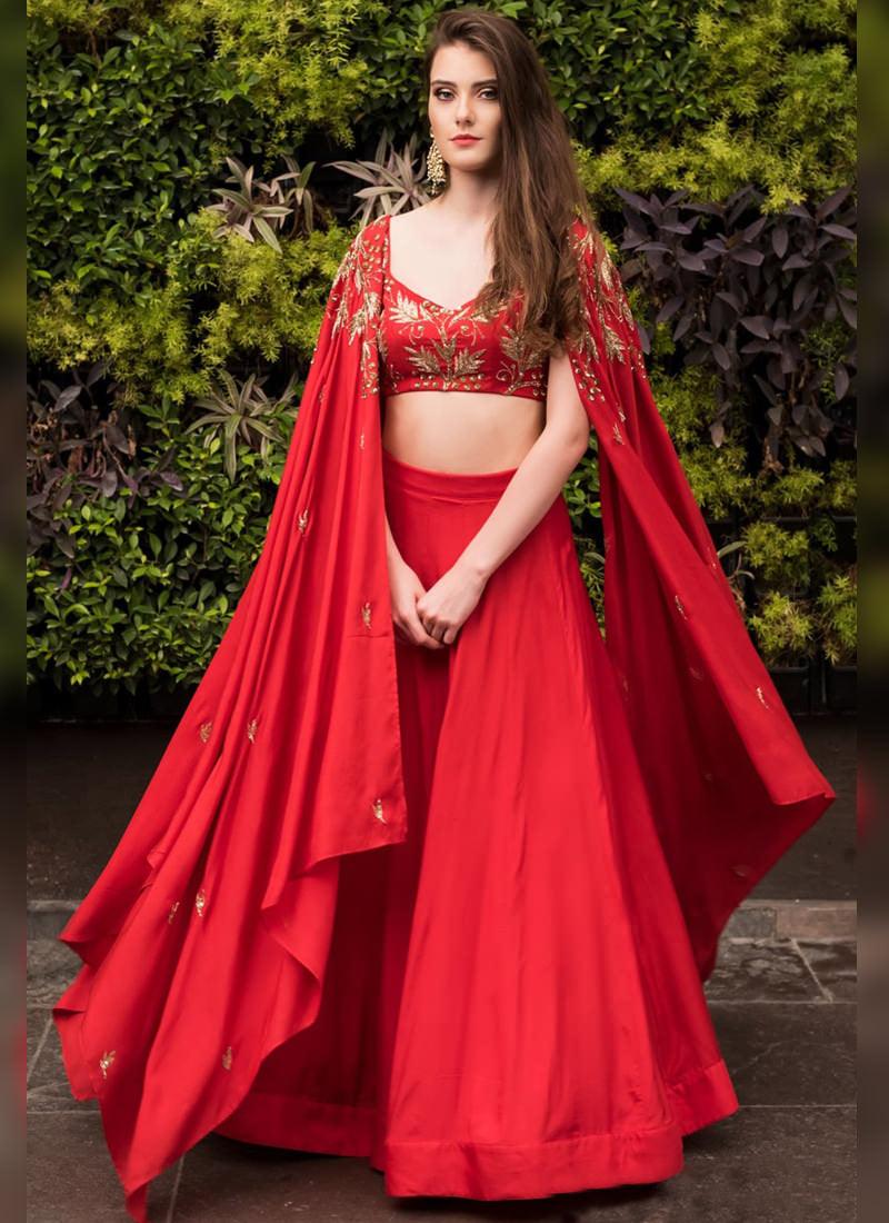 Red Zari Sequin And Satin Flared Lehenga Choli