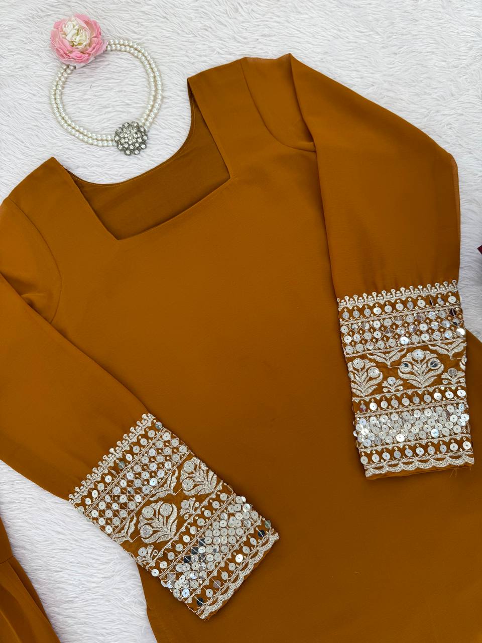 Reddish Brown Faux Georgette Thread & Sequins Sharara Set with Net Dupatta