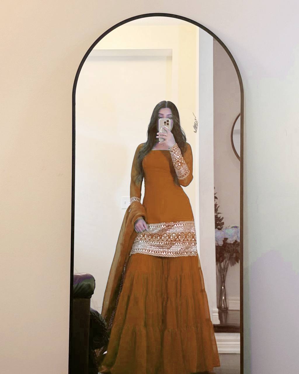 Reddish Brown Faux Georgette Thread & Sequins Sharara Set with Net Dupatta