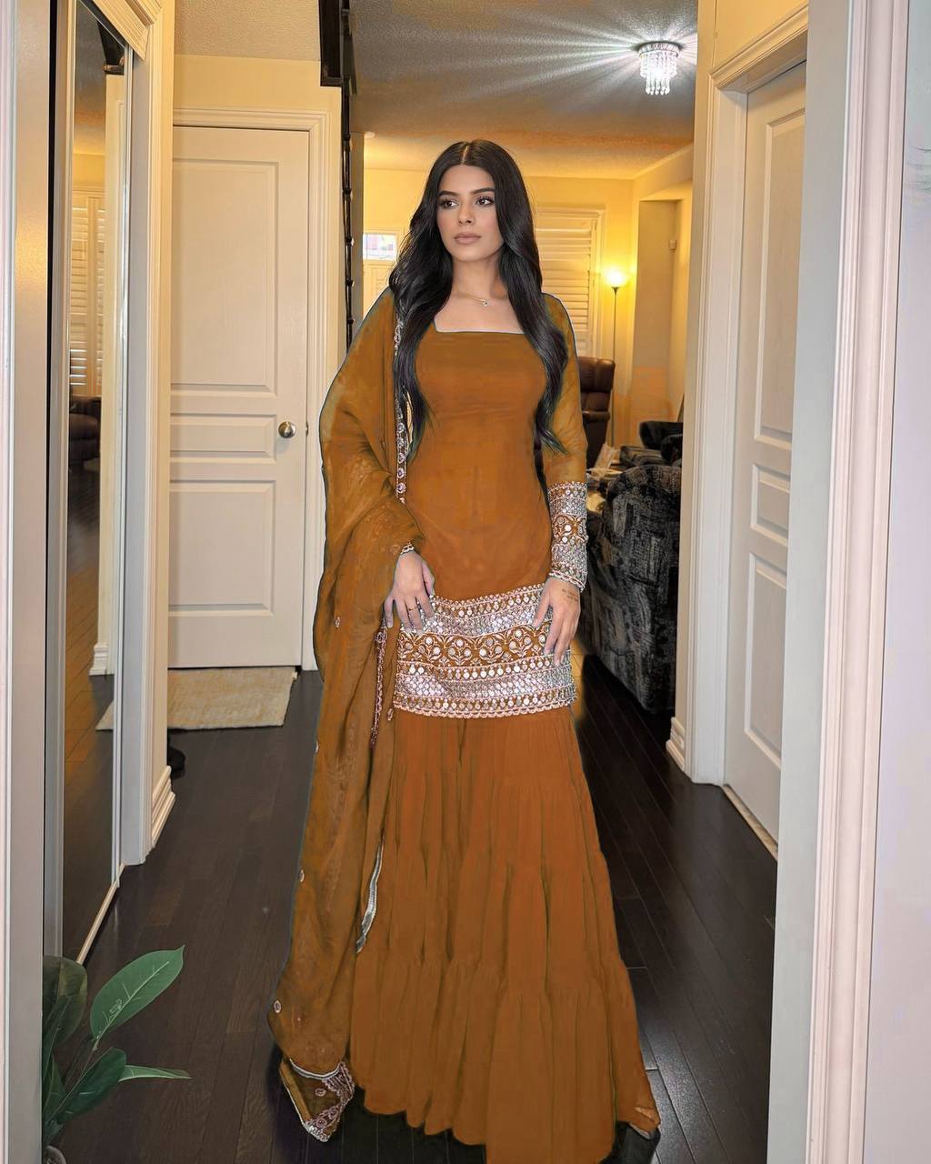 Reddish Brown Faux Georgette Thread & Sequins Sharara Set with Net Dupatta