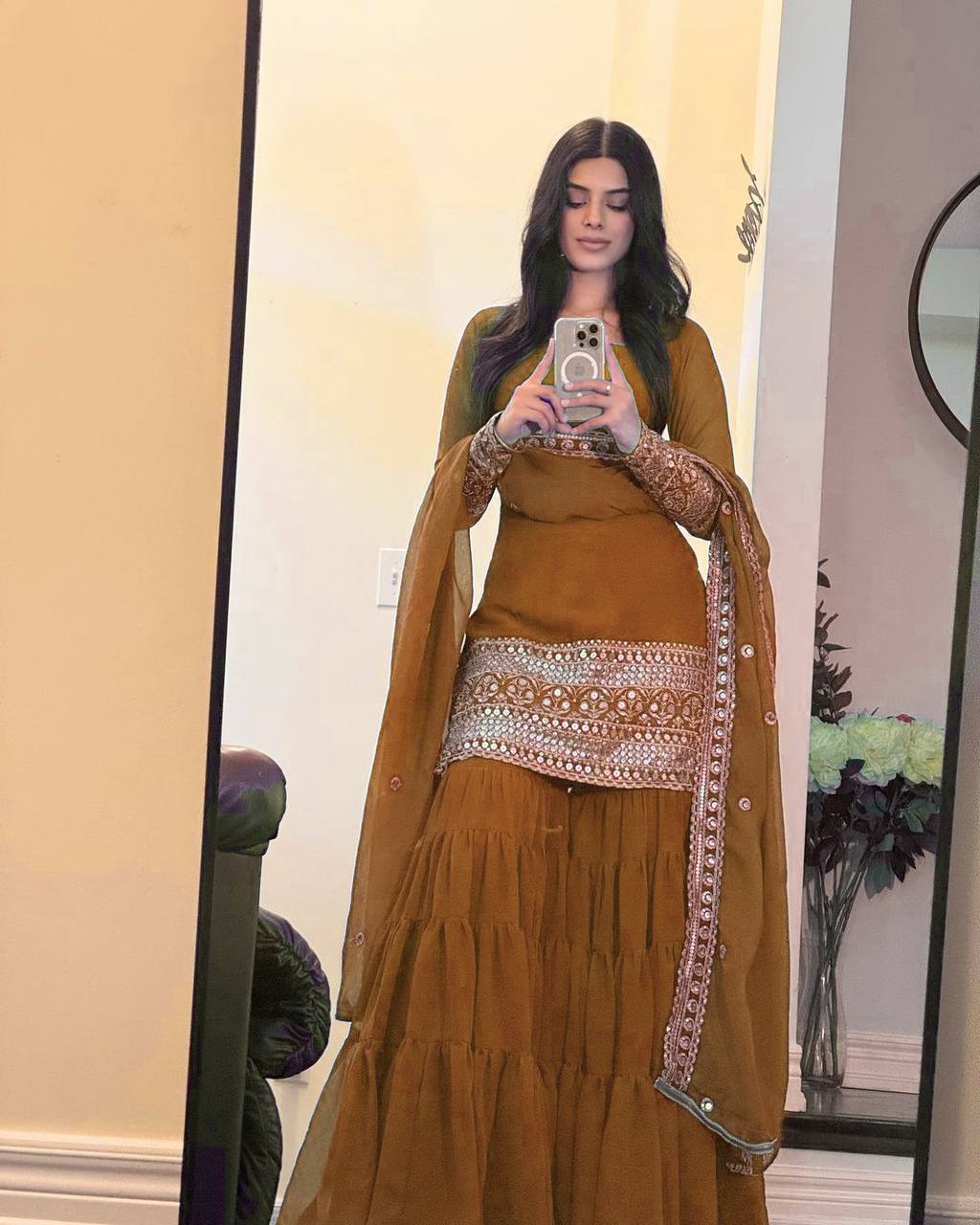 Reddish Brown Faux Georgette Thread & Sequins Sharara Set with Net Dupatta
