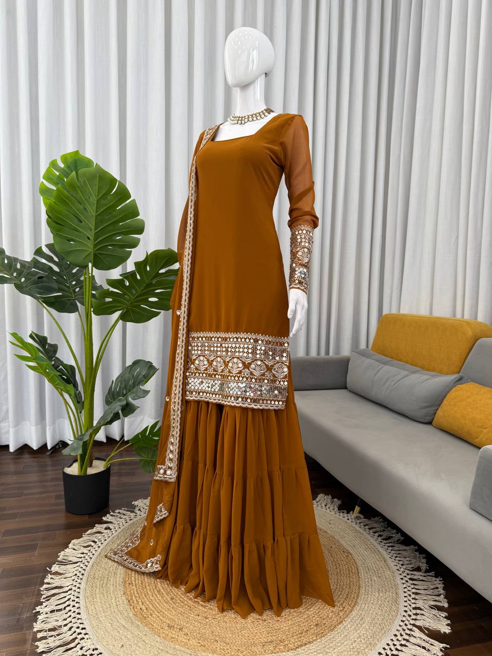 Reddish Brown Faux Georgette Thread & Sequins Sharara Set with Net Dupatta