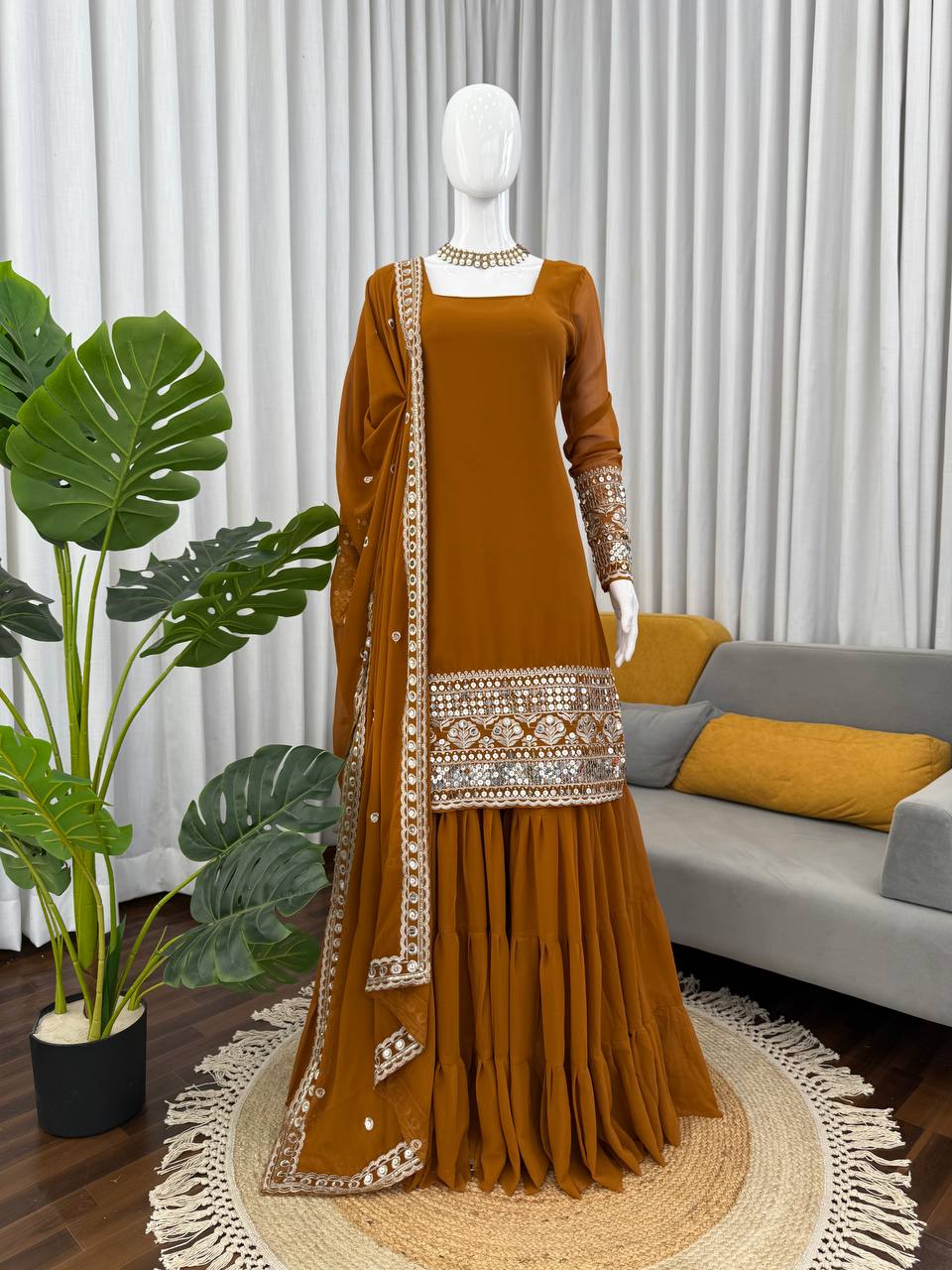 Reddish Brown Faux Georgette Thread & Sequins Sharara Set with Net Dupatta