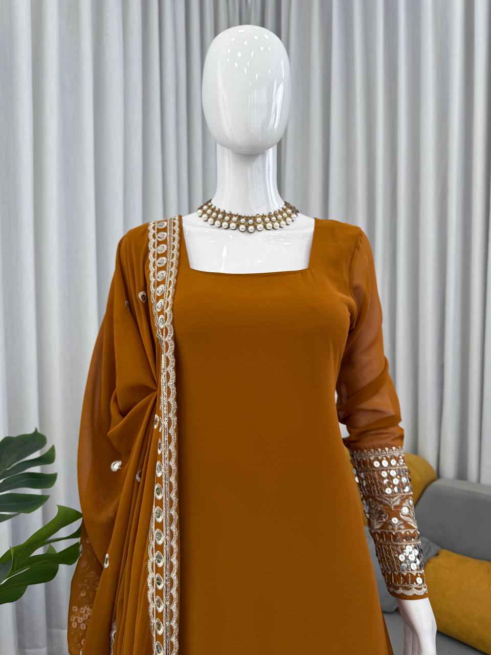 Reddish Brown Faux Georgette Thread & Sequins Sharara Set with Net Dupatta