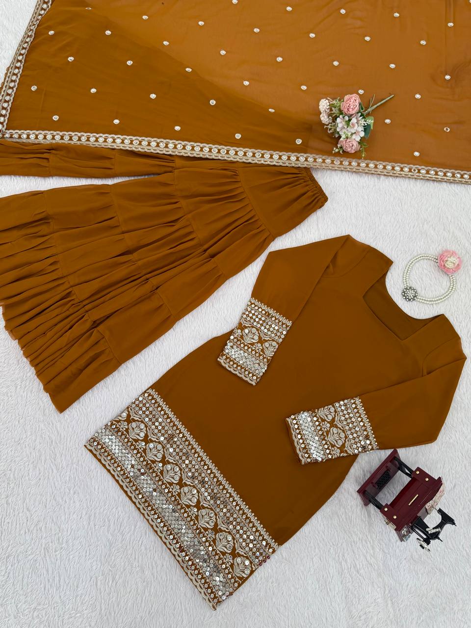 Reddish Brown Faux Georgette Thread & Sequins Sharara Set with Net Dupatta