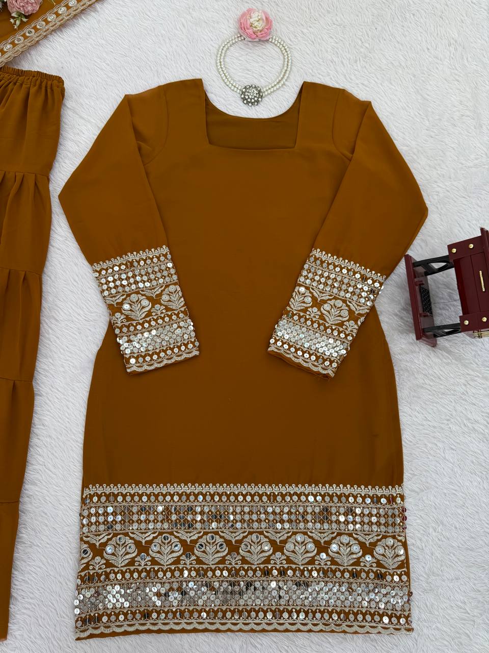 Reddish Brown Faux Georgette Thread & Sequins Sharara Set with Net Dupatta