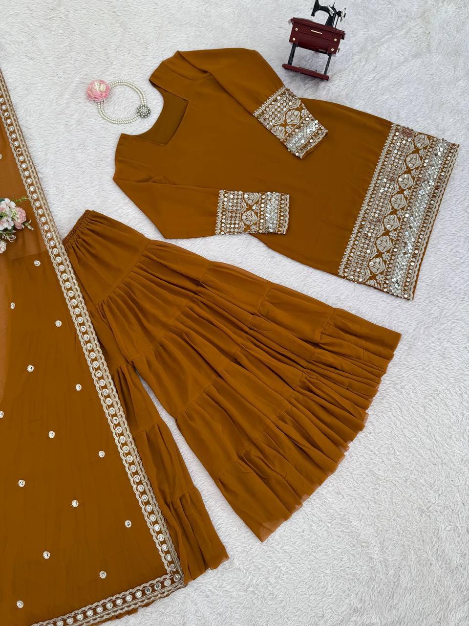 Reddish Brown Faux Georgette Thread & Sequins Sharara Set with Net Dupatta