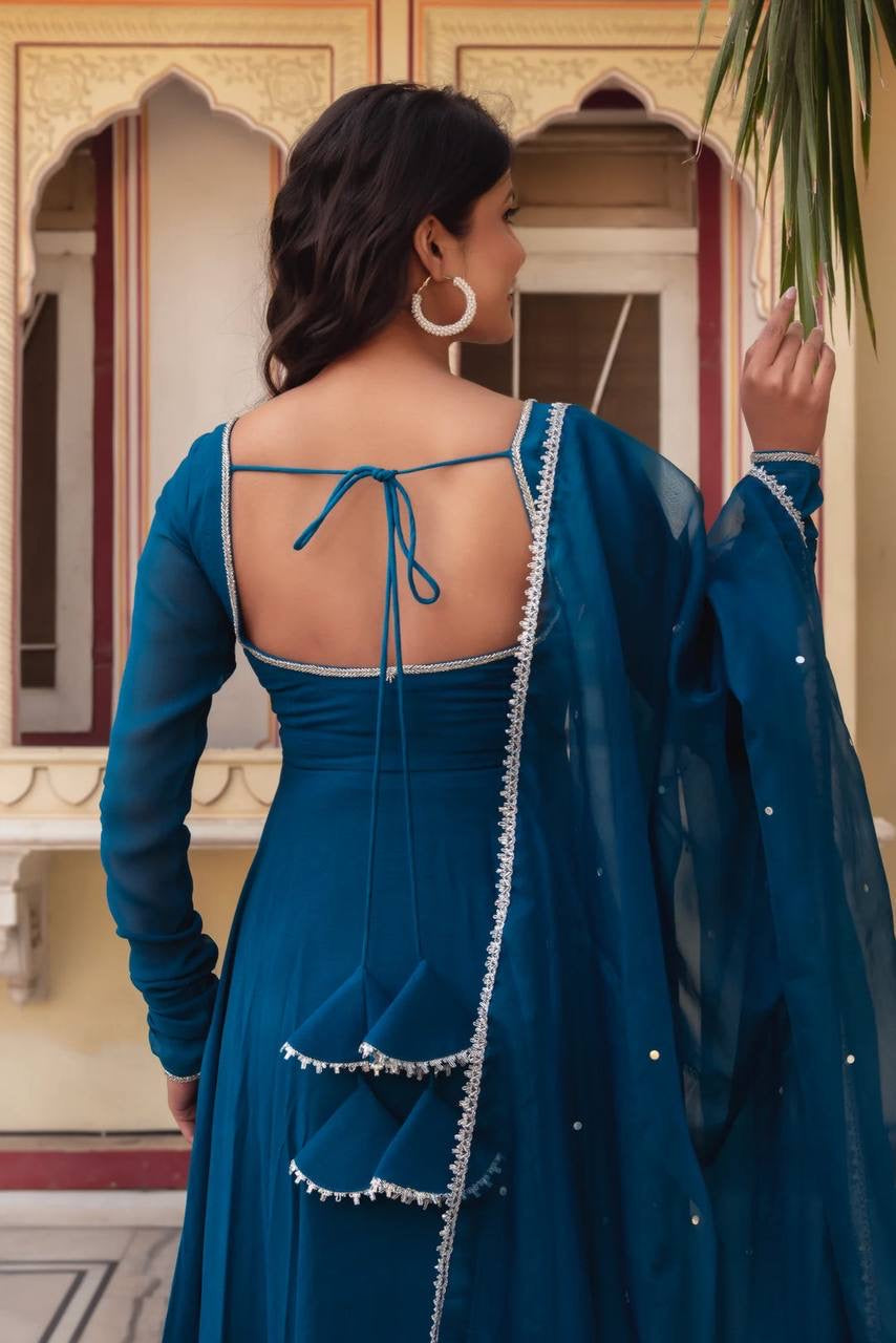 Regal Blue Heavy Faux Georgette Anarkali Suit Set | 3-Piece Ethnic Wear | Elegant Flair & Lace Dupatta | Premium Party & Festive Outfit