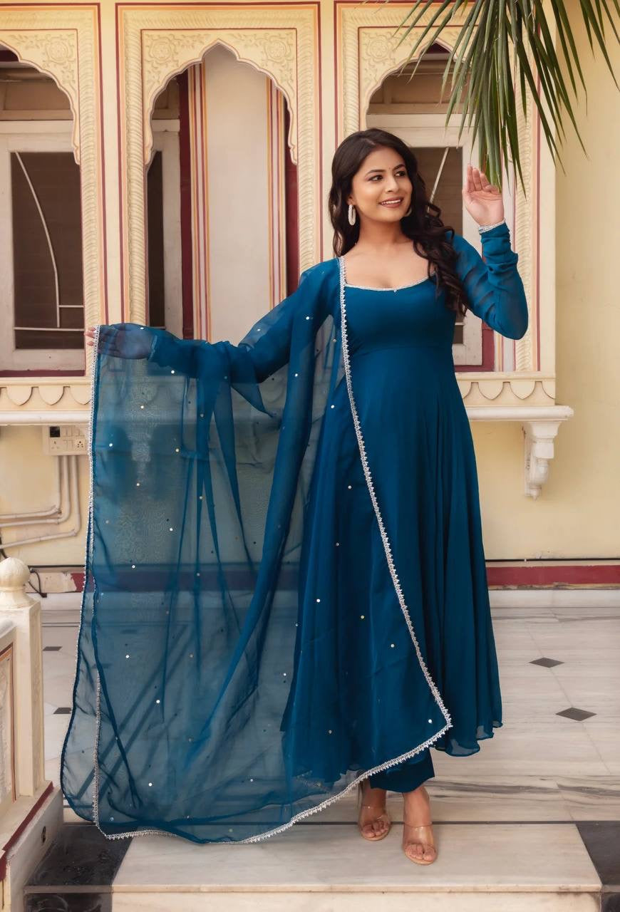 Regal Blue Heavy Faux Georgette Anarkali Suit Set | 3-Piece Ethnic Wear | Elegant Flair & Lace Dupatta | Premium Party & Festive Outfit
