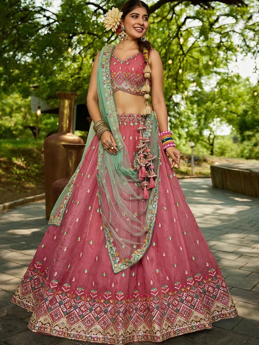 Regal Dusty Pink Thread Embroidery Tissue Event Wear Lehenga Choli