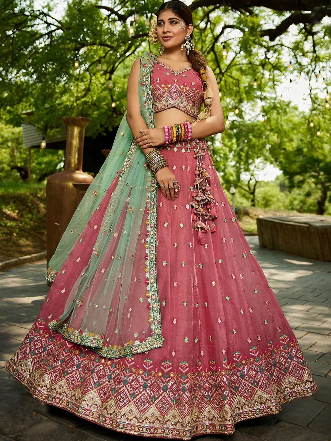 Regal Dusty Pink Thread Embroidery Tissue Event Wear Lehenga Choli