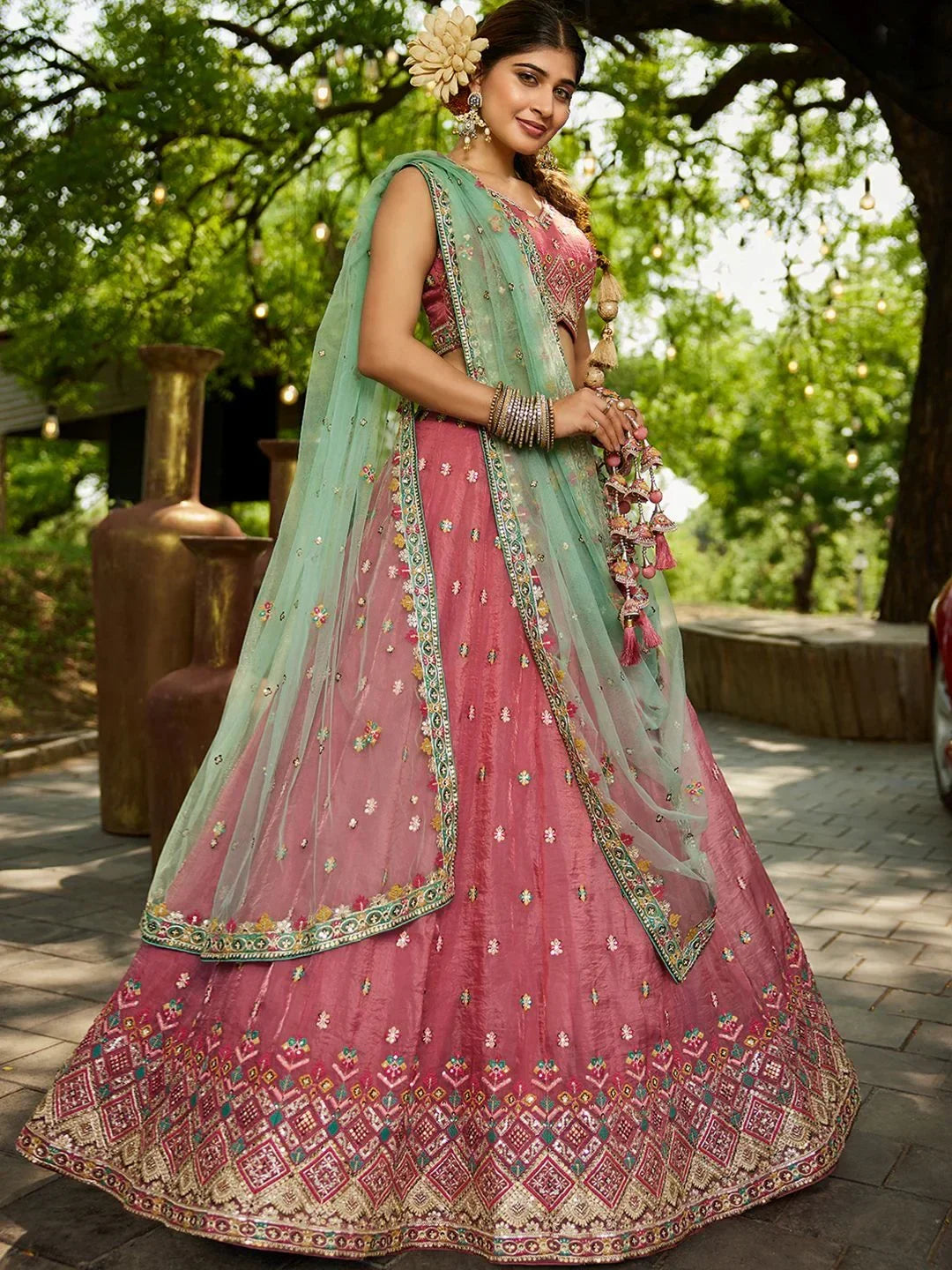 Regal Dusty Pink Thread Embroidery Tissue Event Wear Lehenga Choli