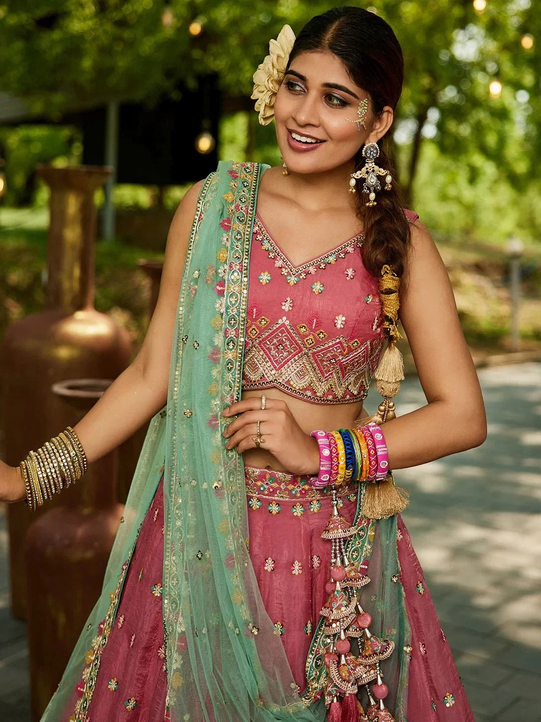 Regal Dusty Pink Thread Embroidery Tissue Event Wear Lehenga Choli