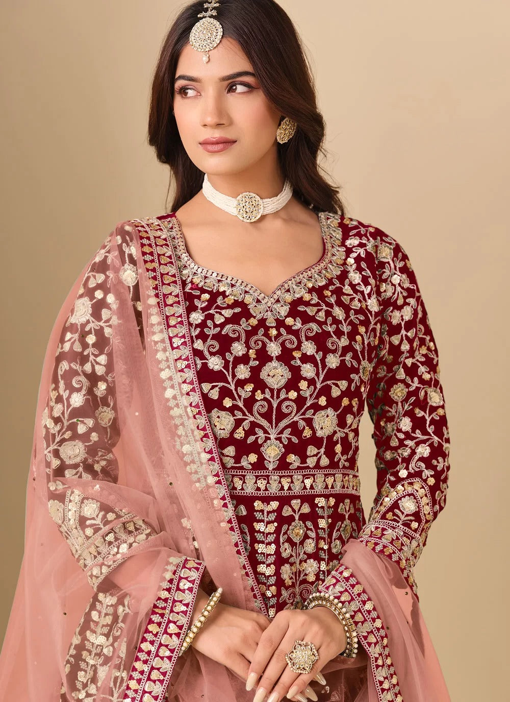 Regal maroon velvet suit designs pakistani with heavy embroidery