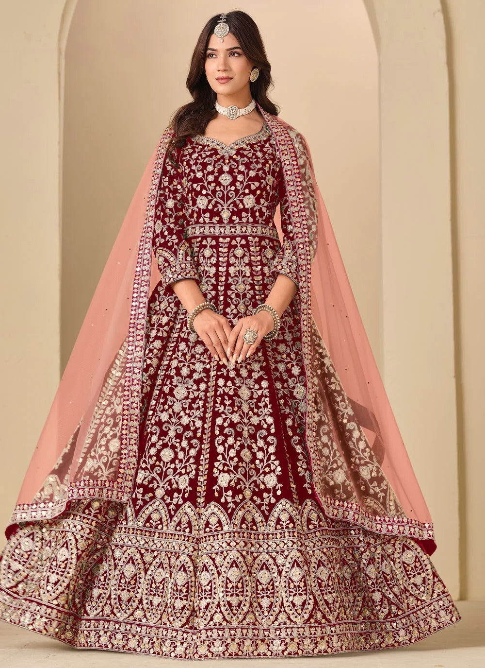 Regal maroon velvet suit designs pakistani with heavy embroidery