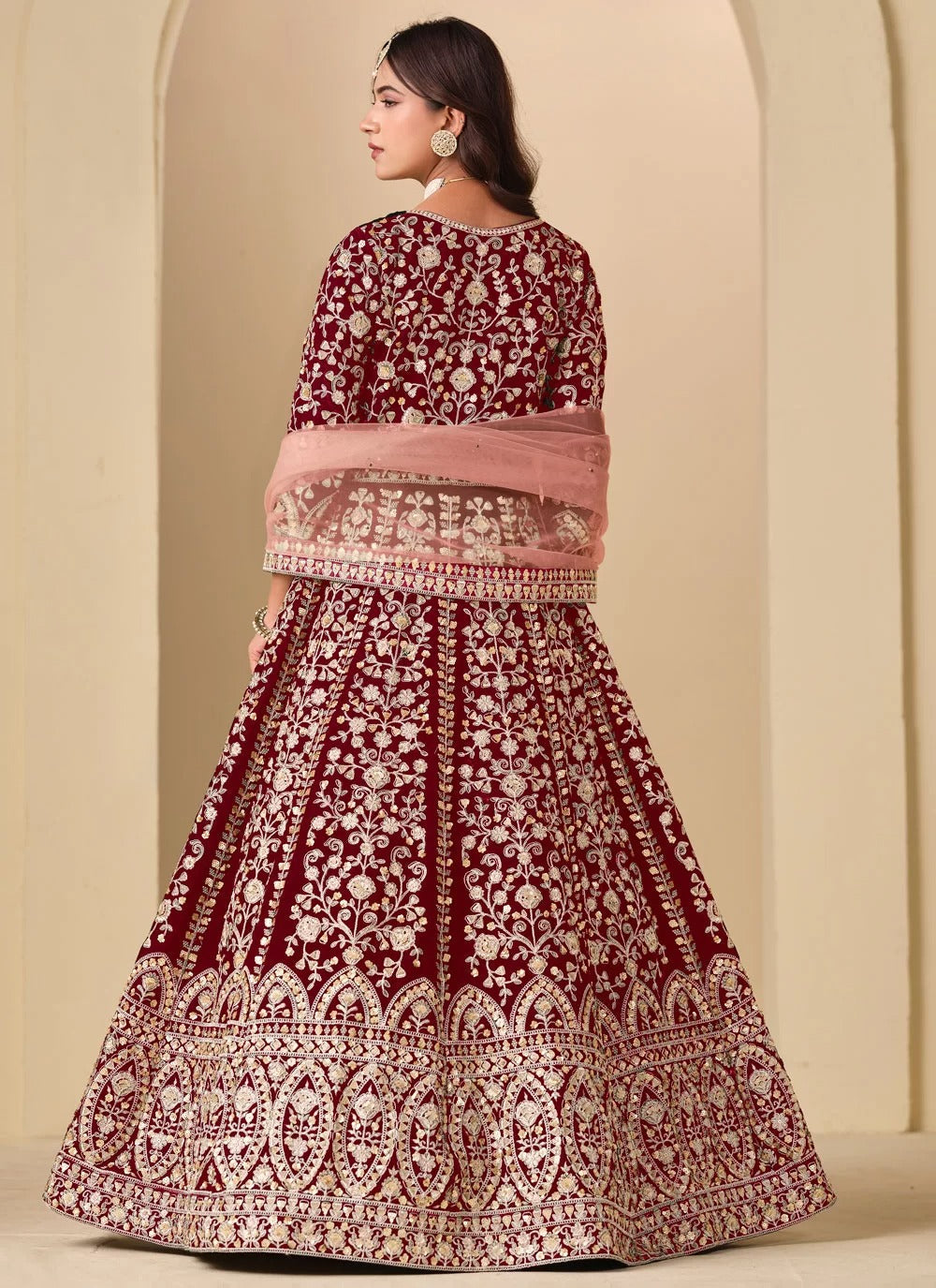 Regal maroon velvet suit designs pakistani with heavy embroidery