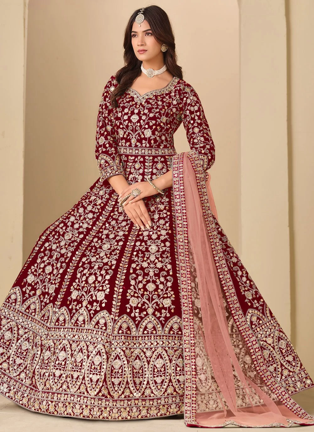 Regal maroon velvet suit designs pakistani with heavy embroidery