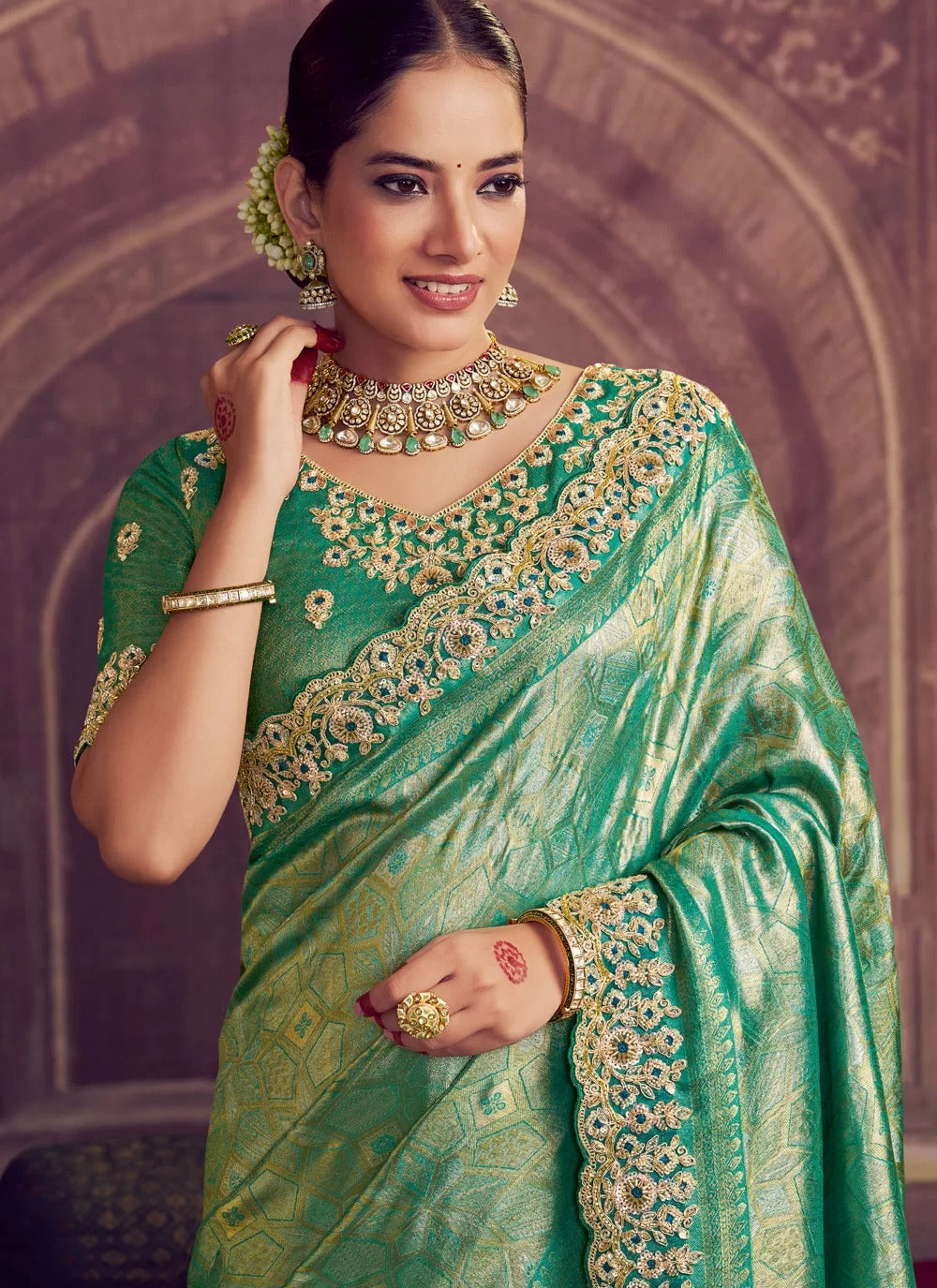 Regal rama kanjivaram pure zari silk saree with pearl sequence handwork