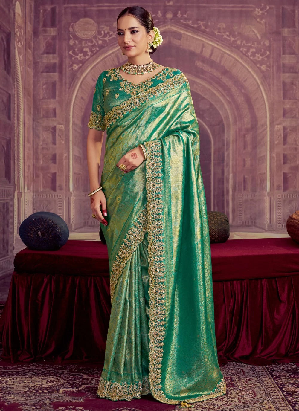 Regal rama kanjivaram pure zari silk saree with pearl sequence handwork