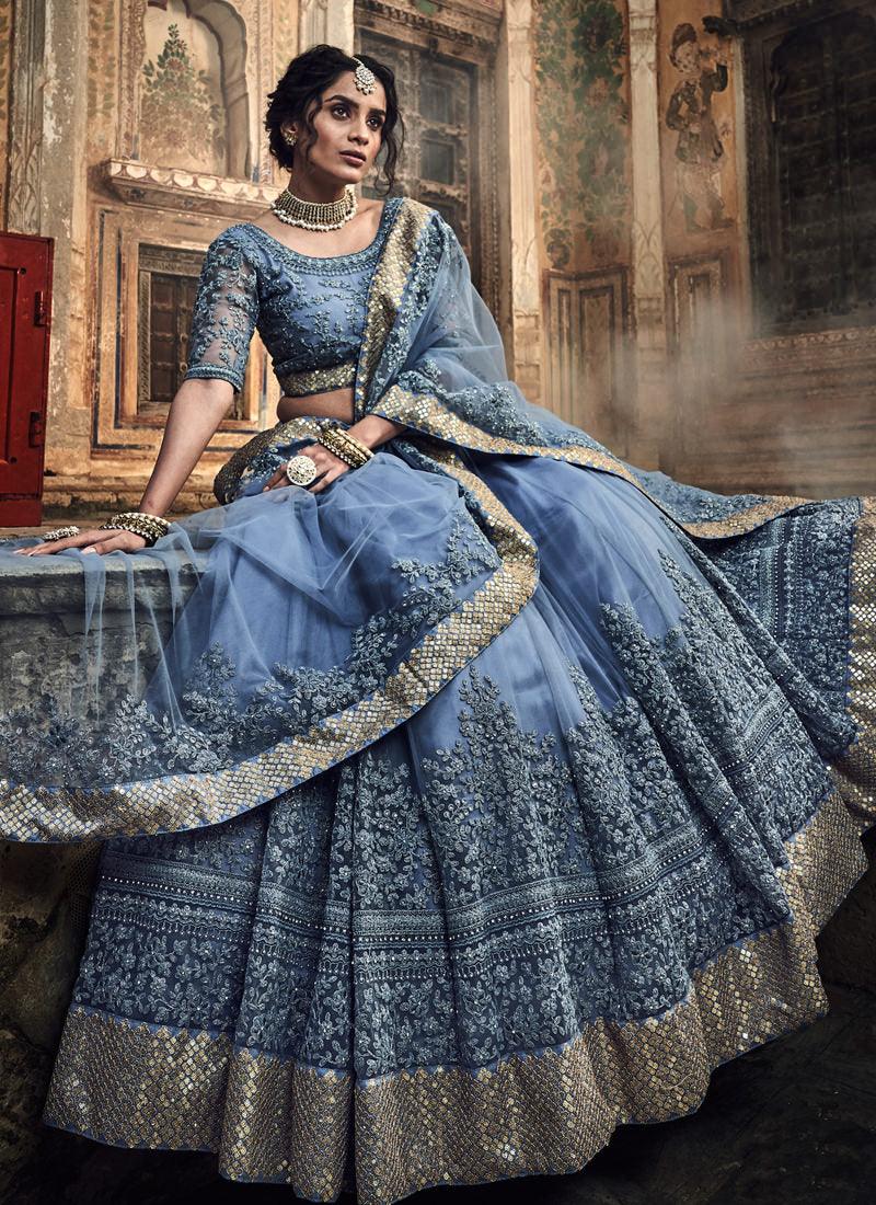 Remarkable Dark Grey Colored Soft Net Designer Flared Lehenga Choli