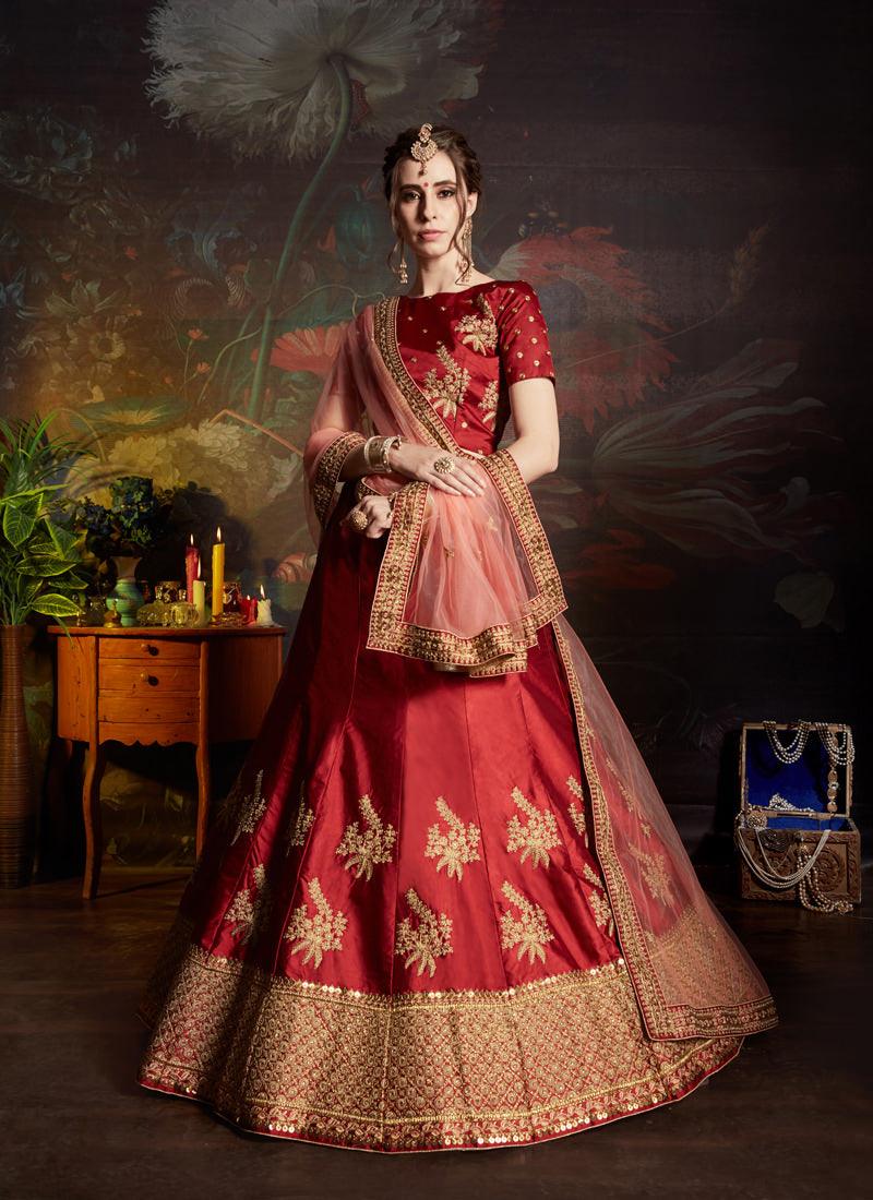 Remarkable Maroon Color Satin Base Designer Lehenga Choli