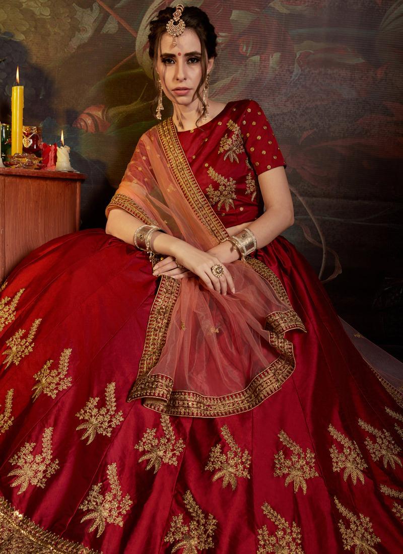 Remarkable Maroon Color Satin Base Designer Lehenga Choli