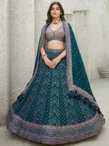 Remarkable Teal Blue Sequins Georgette Lehenga Choli With Dupatta