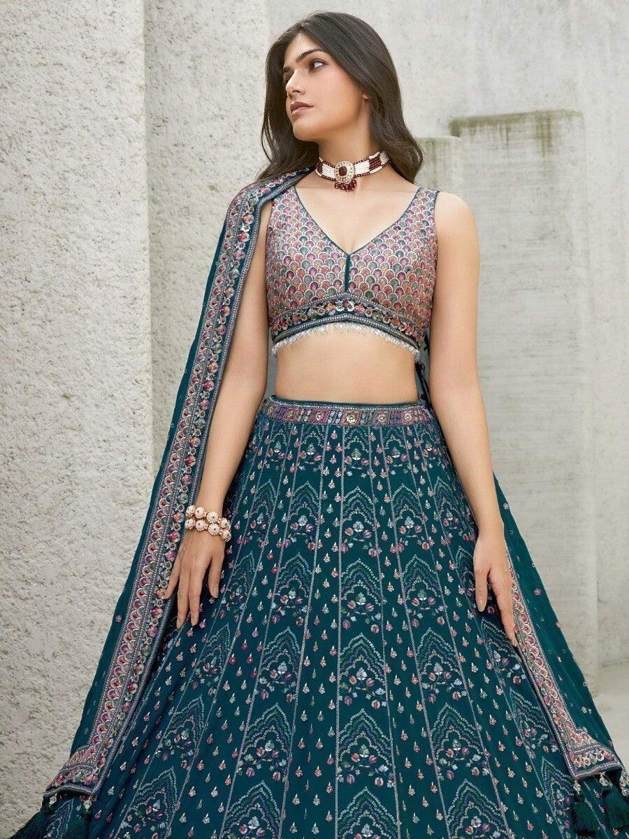 Remarkable Teal Blue Sequins Georgette Lehenga Choli With Dupatta