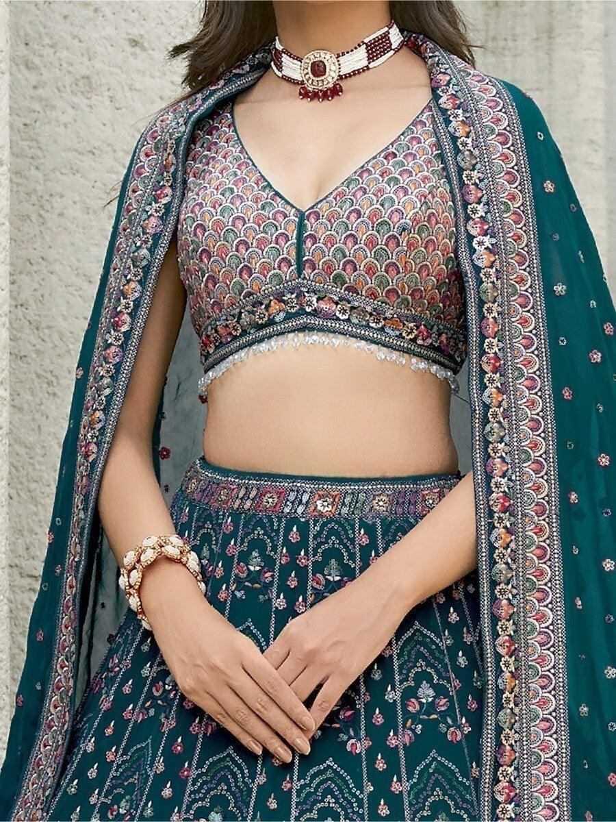 Remarkable Teal Blue Sequins Georgette Lehenga Choli With Dupatta