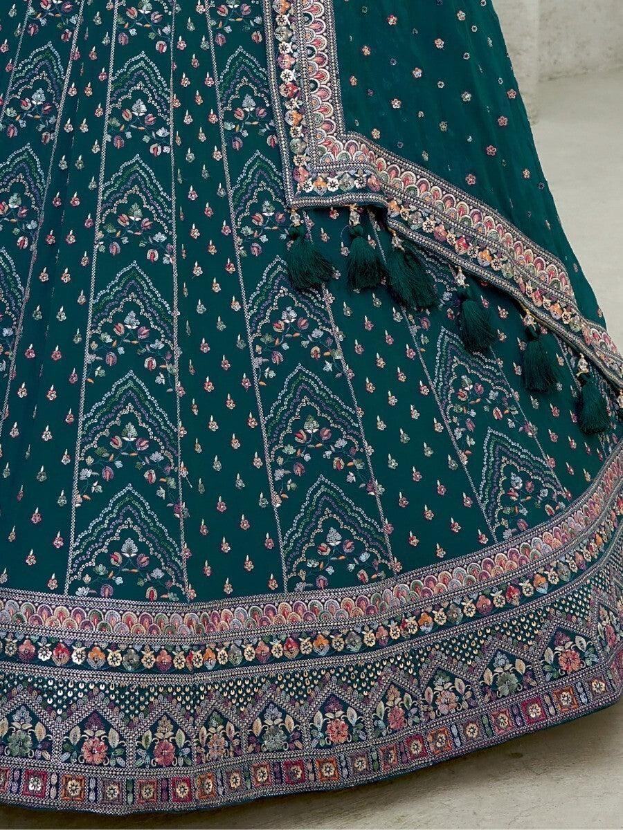 Remarkable Teal Blue Sequins Georgette Lehenga Choli With Dupatta