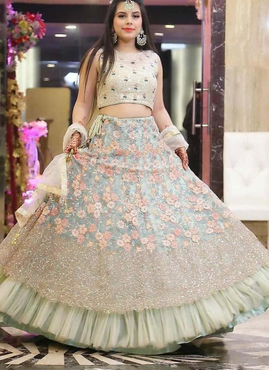 Resham And Sequins Work Beige Color Soft Net Base Lehenga Choli with Net Dupatta