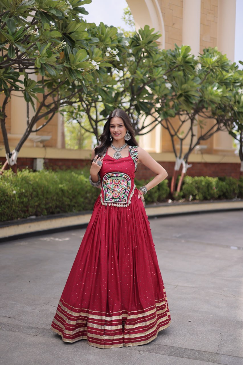 Reyon Gamthi Mirror Work Lehenga Set