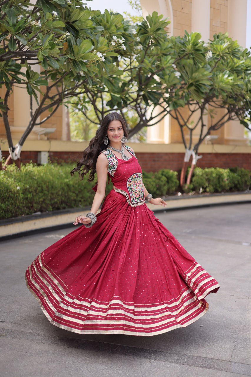 Reyon Gamthi Mirror Work Lehenga Set