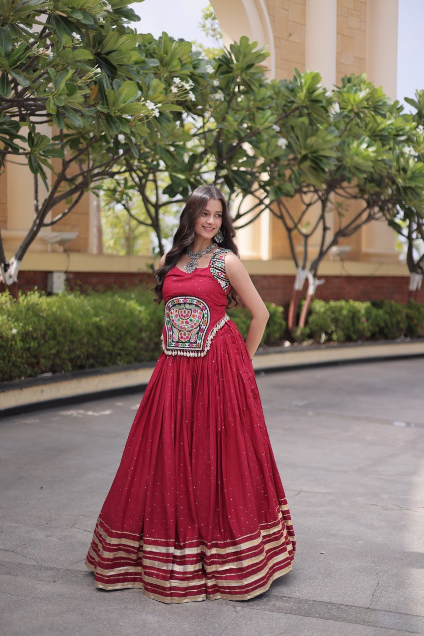 Reyon Gamthi Mirror Work Lehenga Set