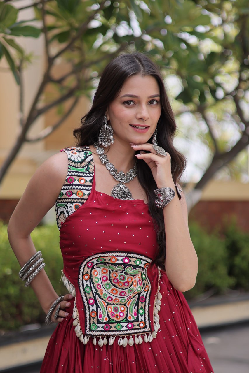 Reyon Gamthi Mirror Work Lehenga Set