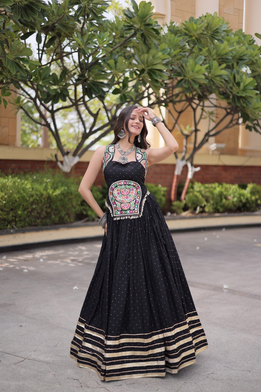 Reyon Gamthi Mirror Work Lehenga Set
