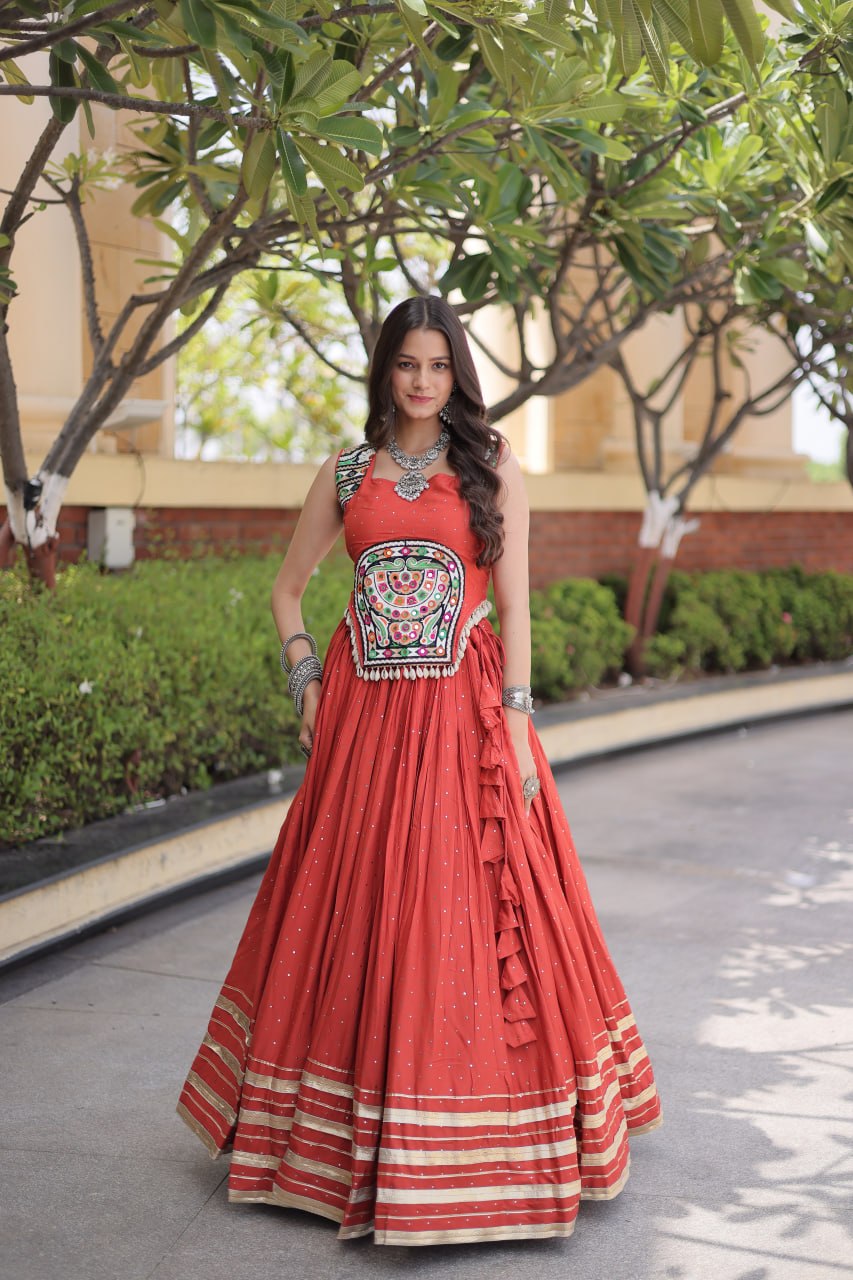 Reyon Gamthi Mirror Work Lehenga Set