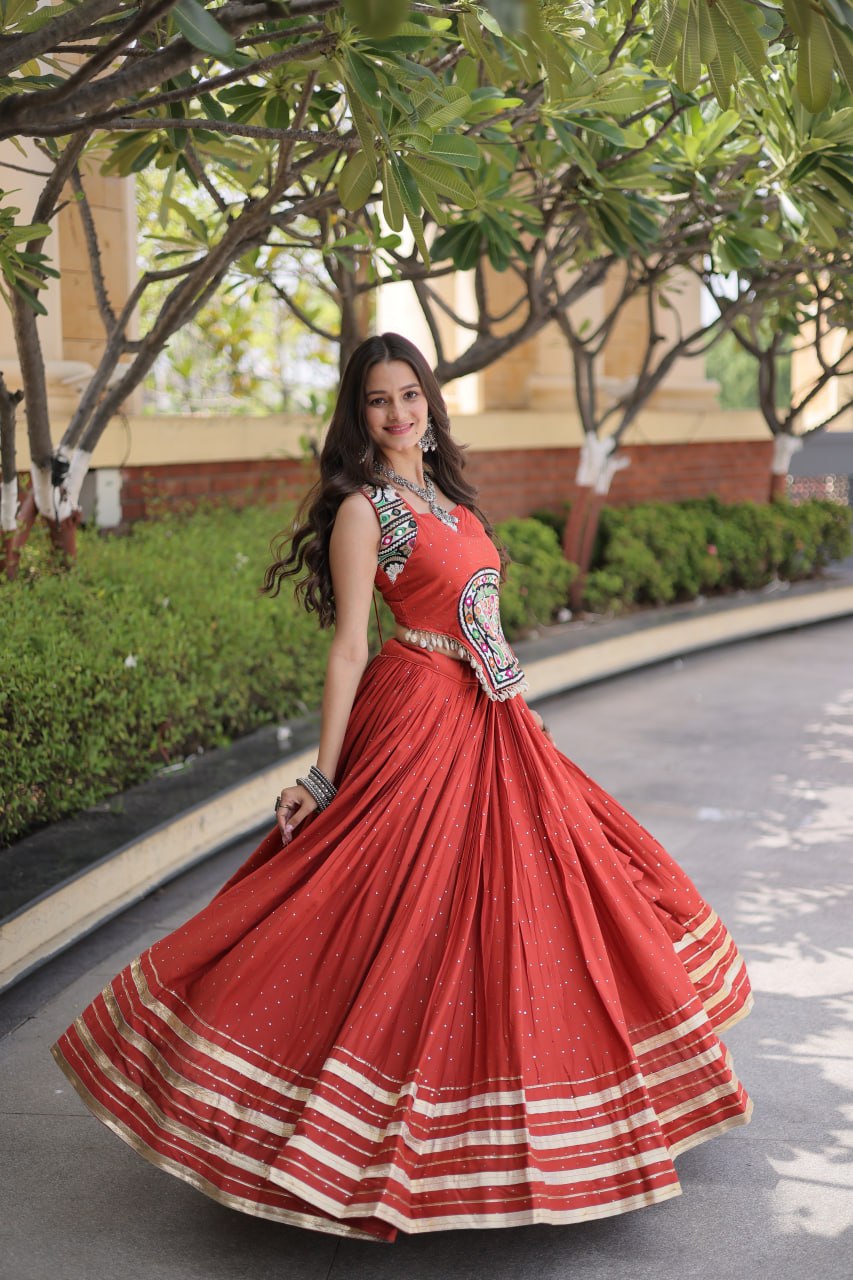 Reyon Gamthi Mirror Work Lehenga Set