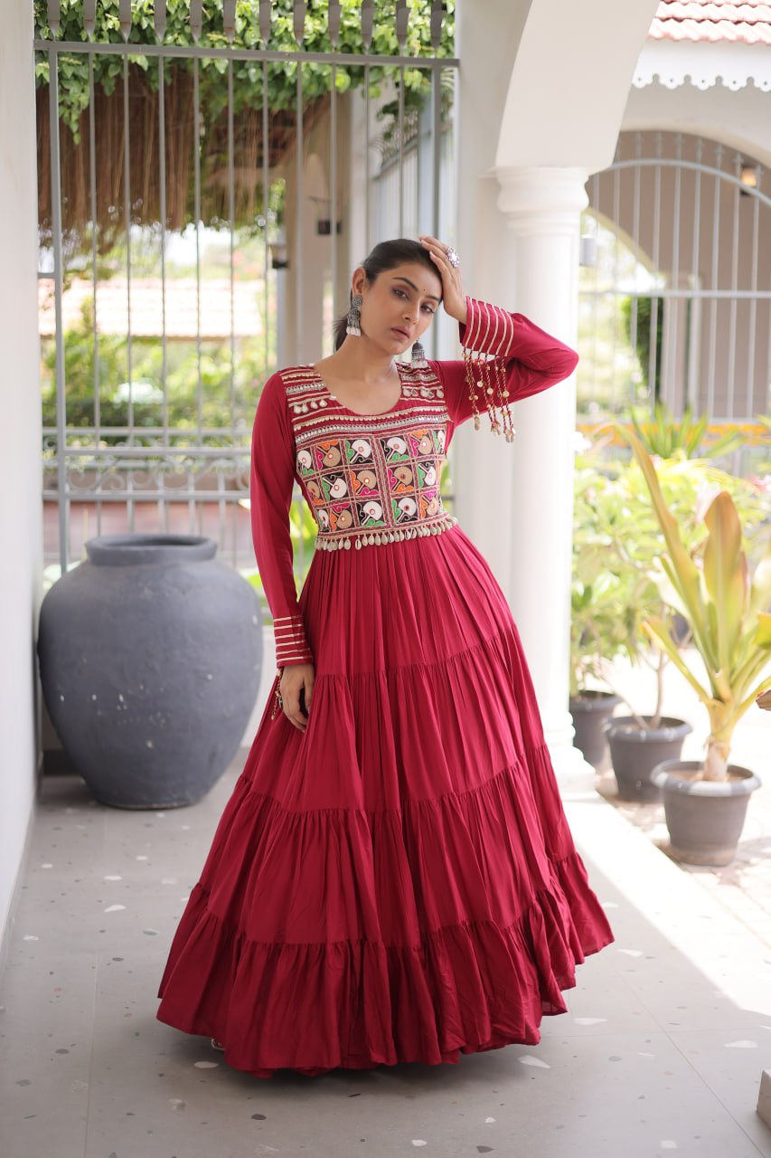 Reyon Kutchi Gamthi Embroidered Mirror Work Gown