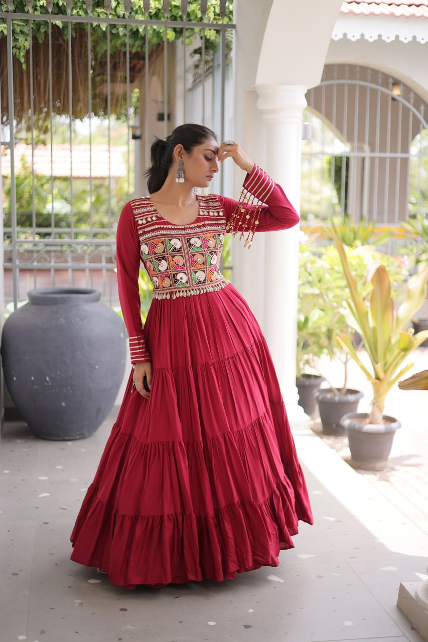 Reyon Kutchi Gamthi Embroidered Mirror Work Gown