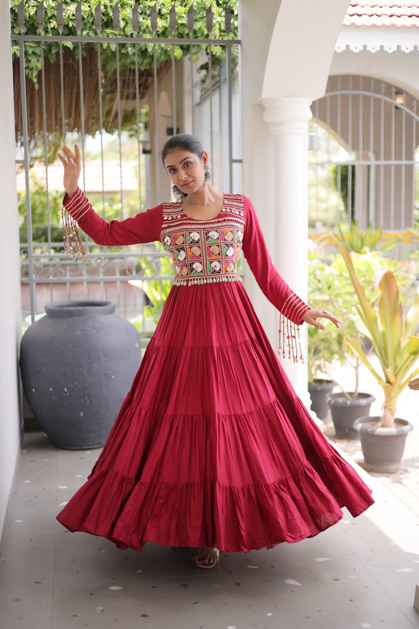 Reyon Kutchi Gamthi Embroidered Mirror Work Gown